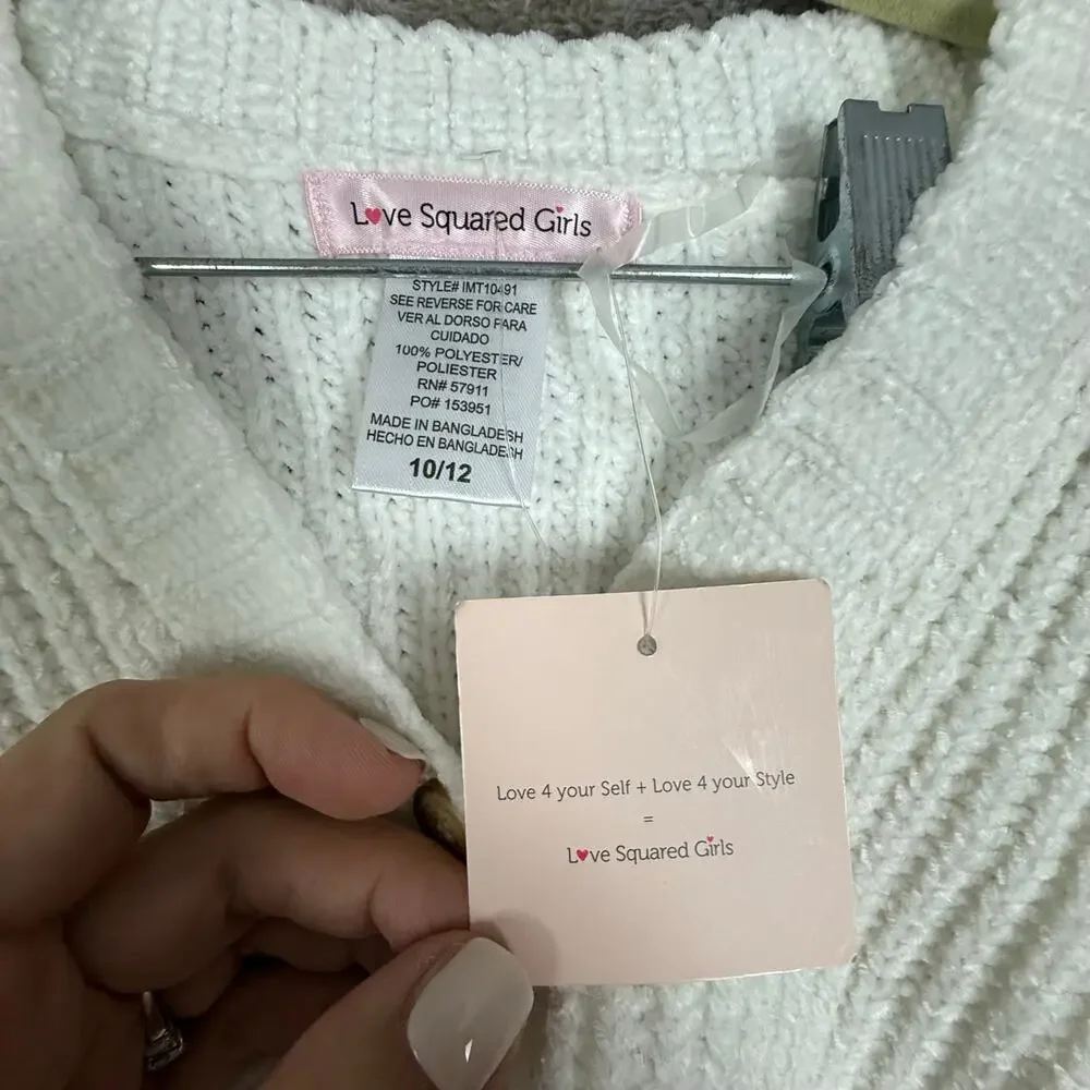 NWT Strawberry Embroider Ribbed White Cardigan Sweater Love Squared Girls 10 12